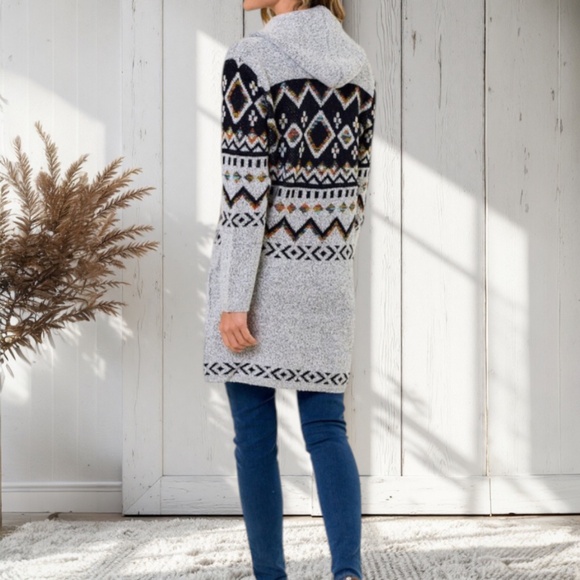 Gray Aztec Rainbow Jacquard Western Knit Hooded Cardigan Sweater w/ Pockets - Picture 3 of 3